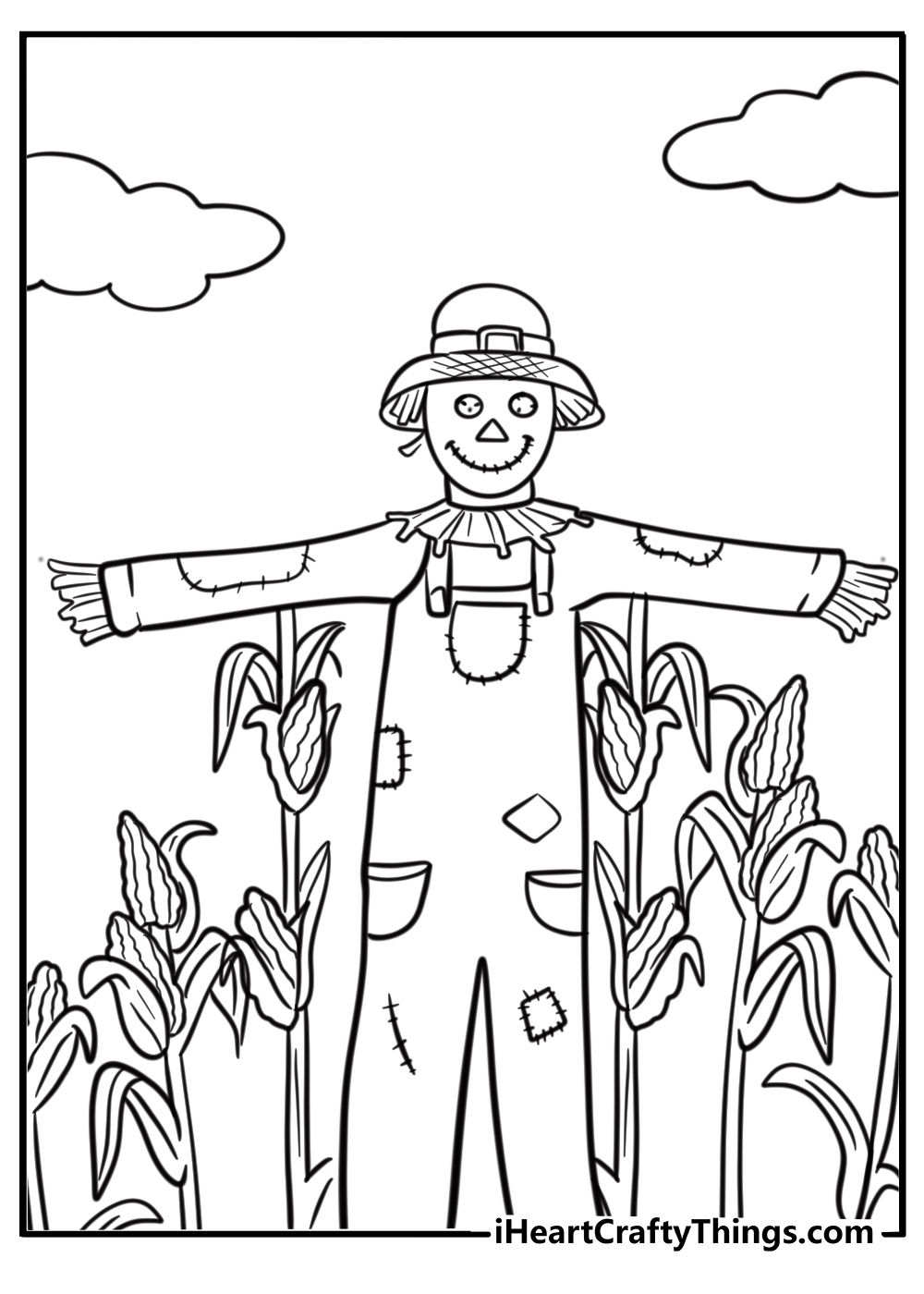 Happy scarecrow in a cornfield fun printable coloring sheet