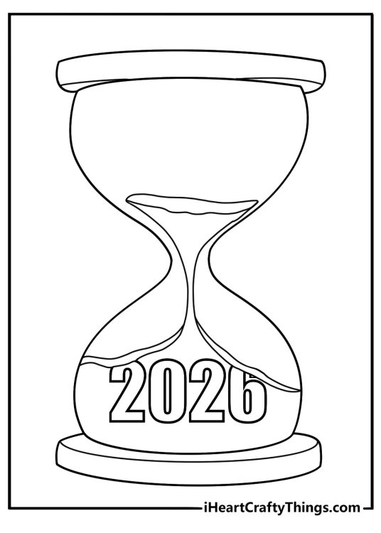 hourglass with last grains forming 2026 numbers detailed new years printable coloring page for adults