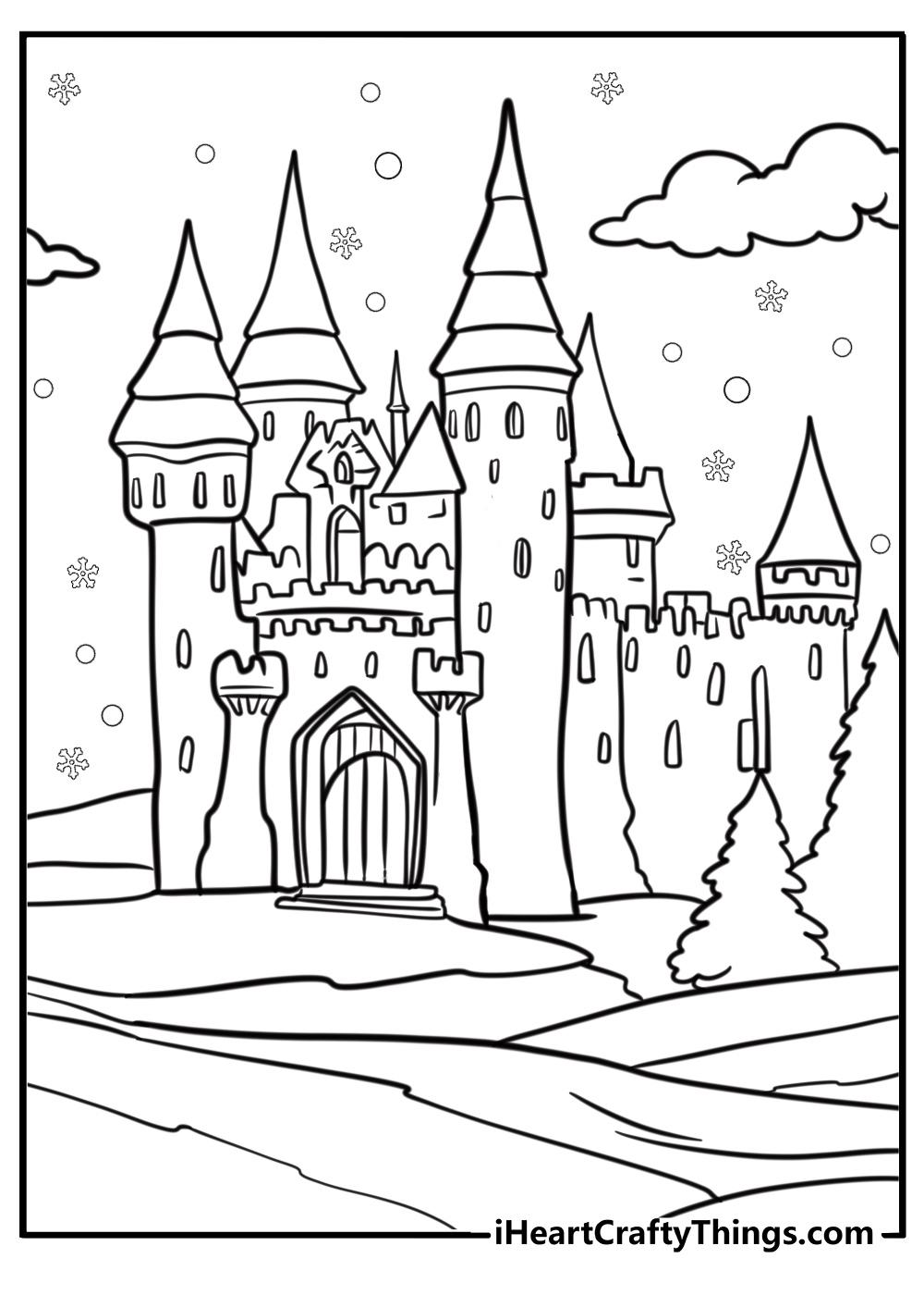 Ice castle with snowy surroundings coloring page