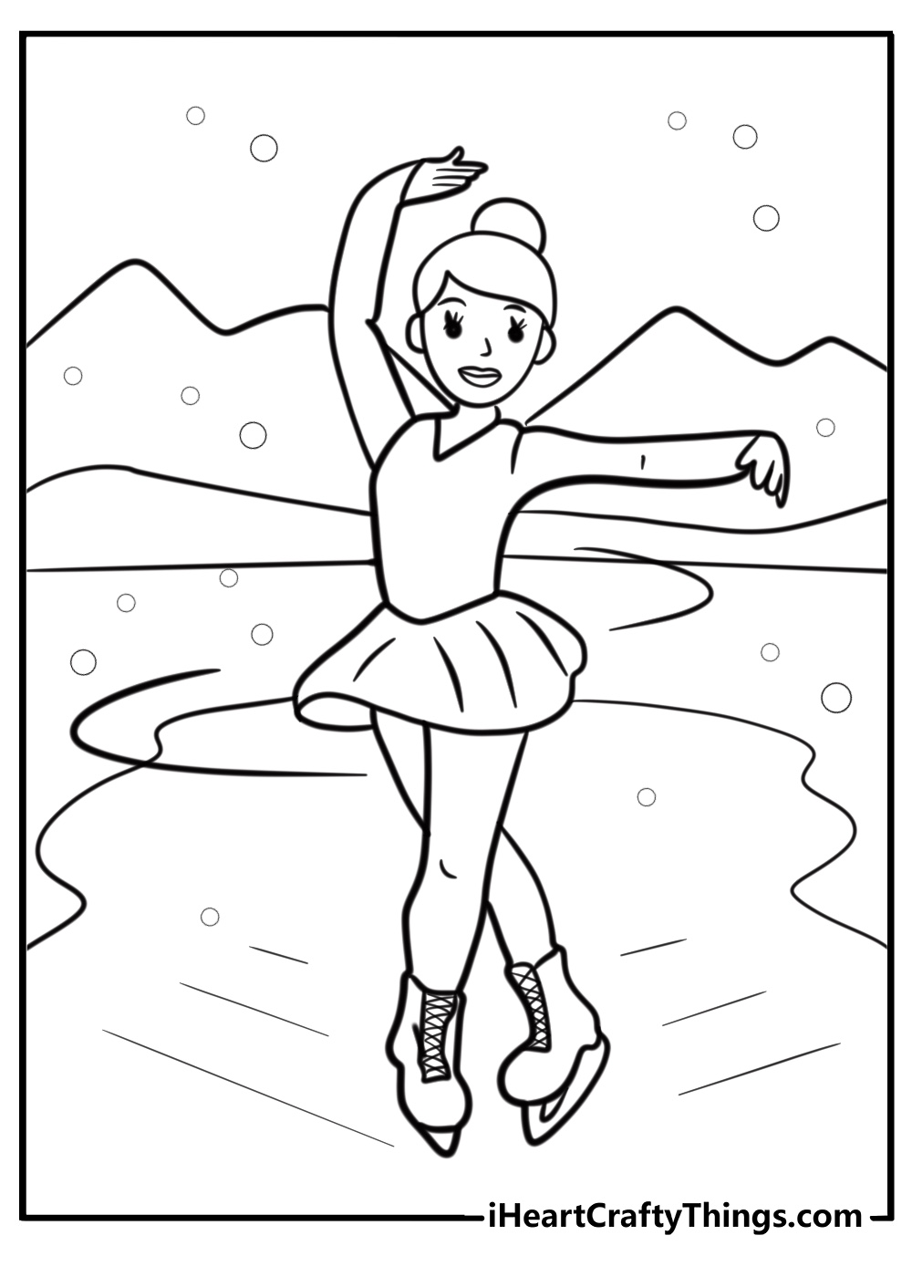 Ice skater spinning on a frozen pond coloring sheet