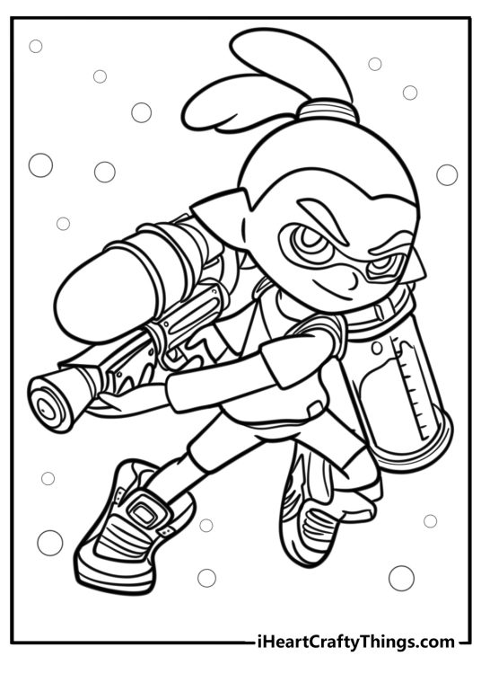 Inkling boy aiming ink blaster coloring page