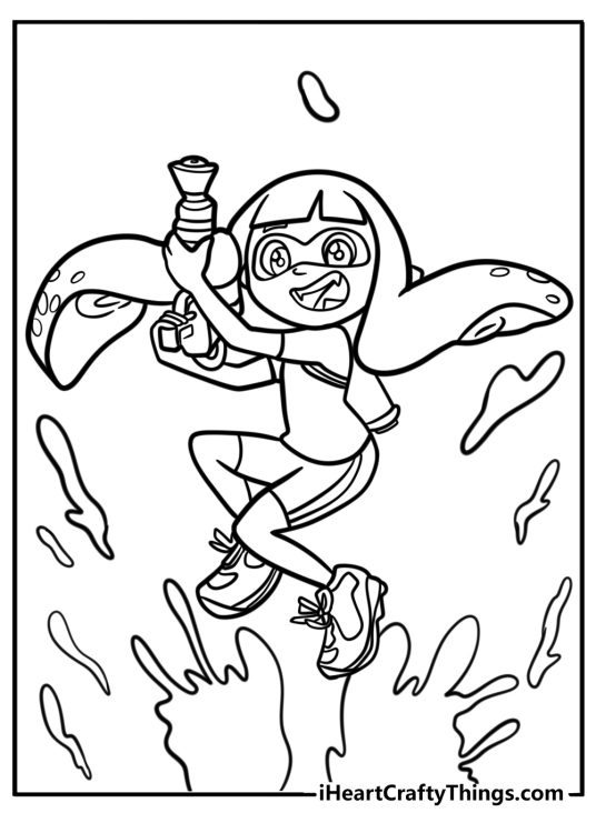Inkling girl jumping into action fun coloring sheet