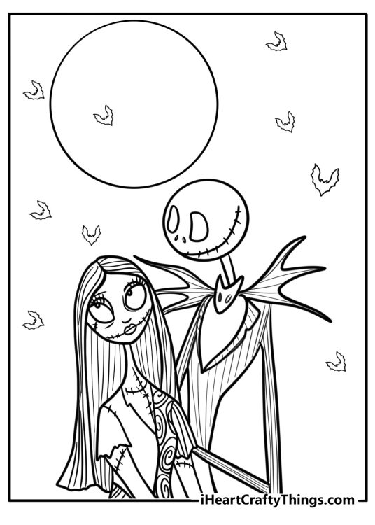 Jack and sally under the moon free printable coloring page