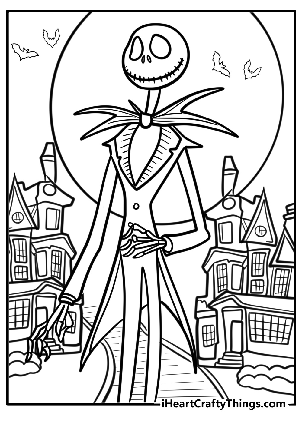 Jack in a halloween town scene detailed coloring sheet