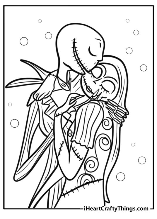 Jack skellington and sally hugging coloring page