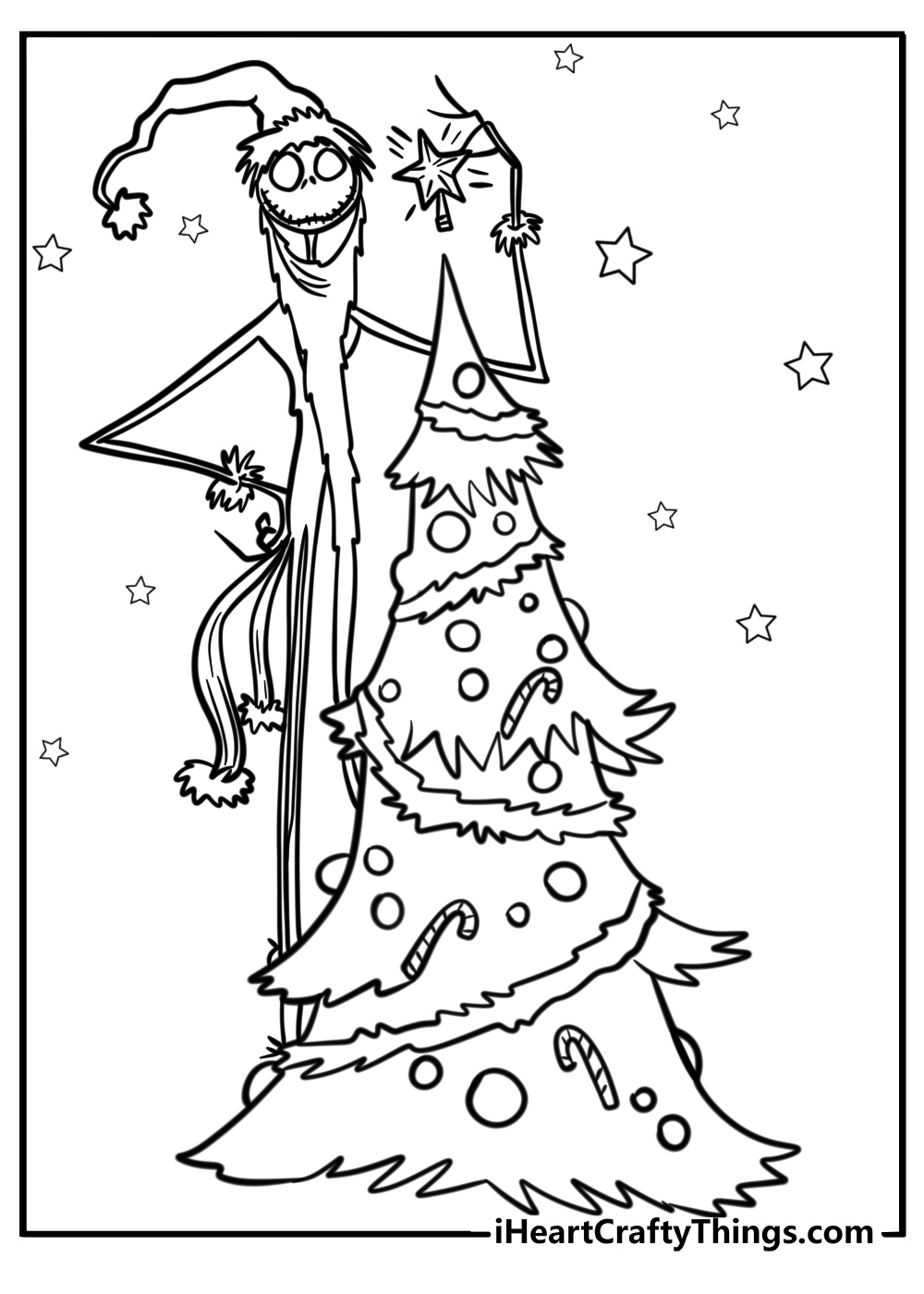 Jack skellington decorating a christmas tree free coloring page