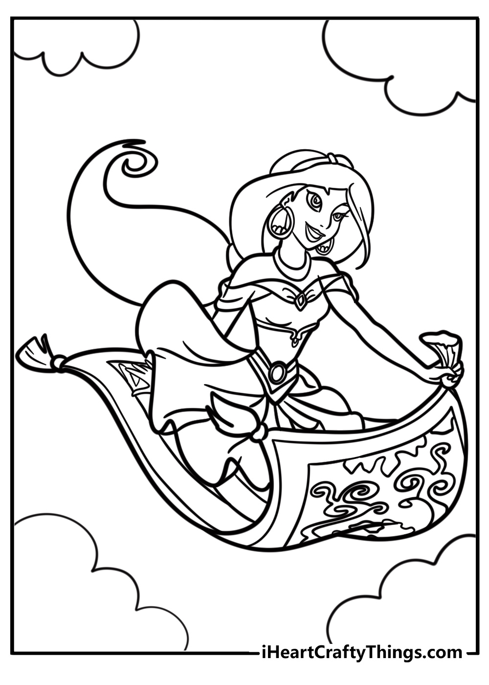 Jasmine flying on a magic carpet Disney coloring page