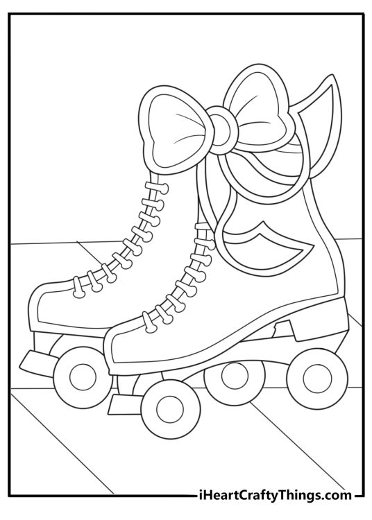 kawaii roller skates with daisies and checkerboard background preppy coloring page for teens