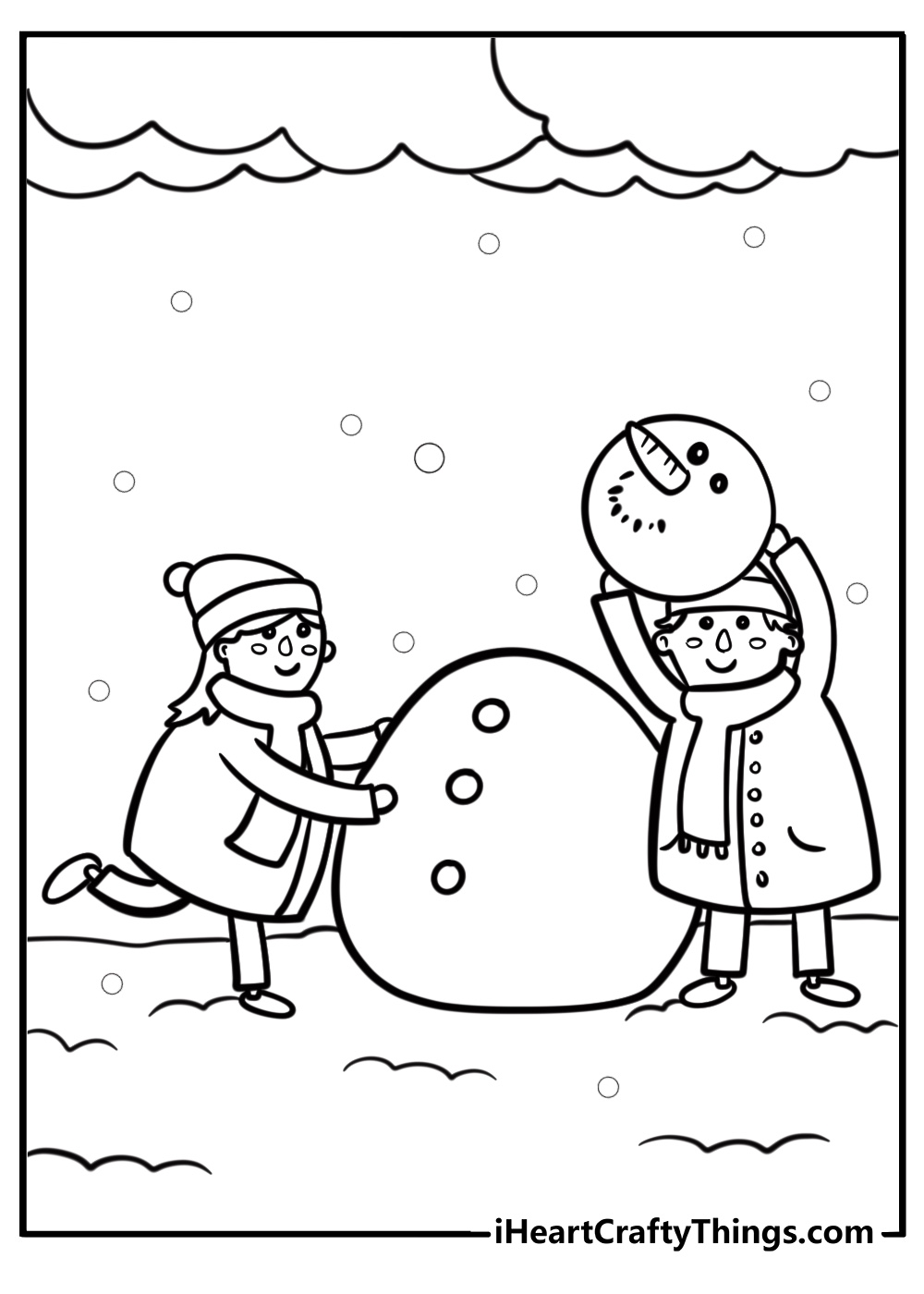 Kids building a snowman detailed winter coloring sheet