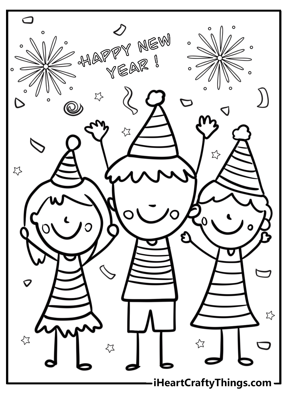 Kids celebrating new year's eve fun coloring sheet