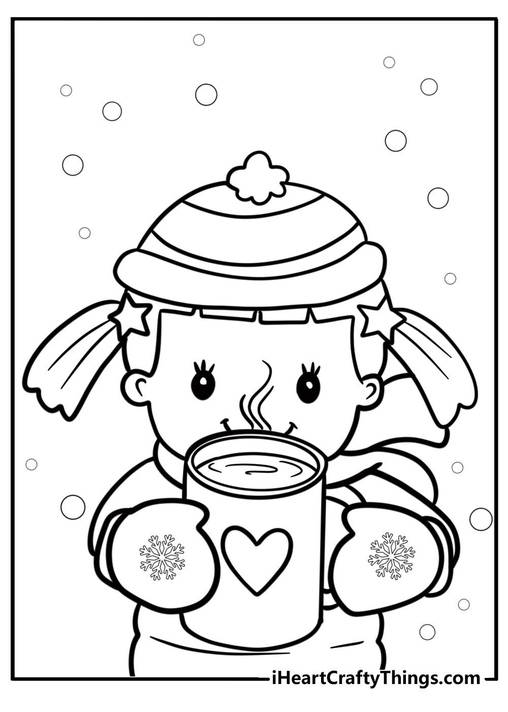 Kids drinking hot cocoa in winter printable coloring page