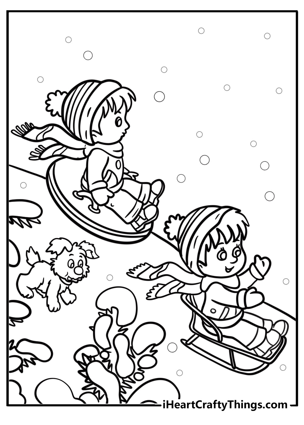 Kids sledding down a snowy hill fun winter coloring sheet