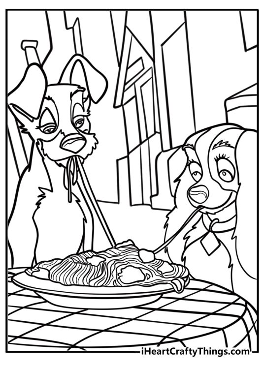 Lady and the Tramp sharing spaghett coloring sheet