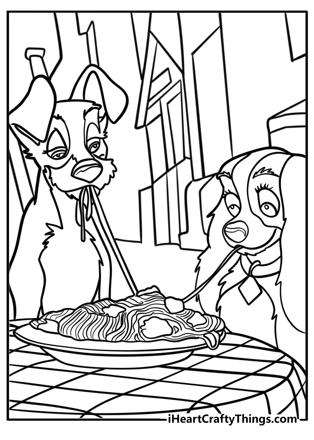 Lady and the Tramp sharing spaghett coloring sheet