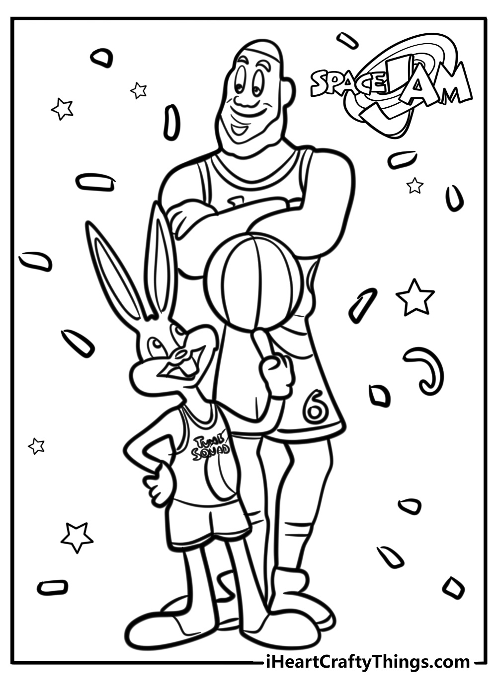 Lebron and Bugs Bunny celebrating a win printable coloring page