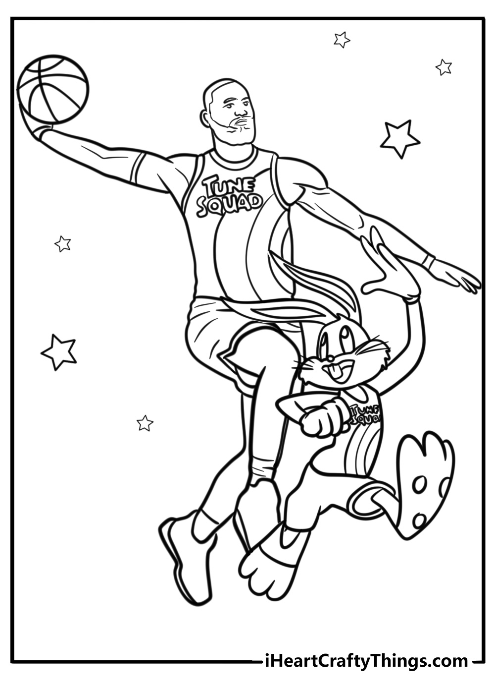 Lebron and bugs playing basketball free printable coloring page