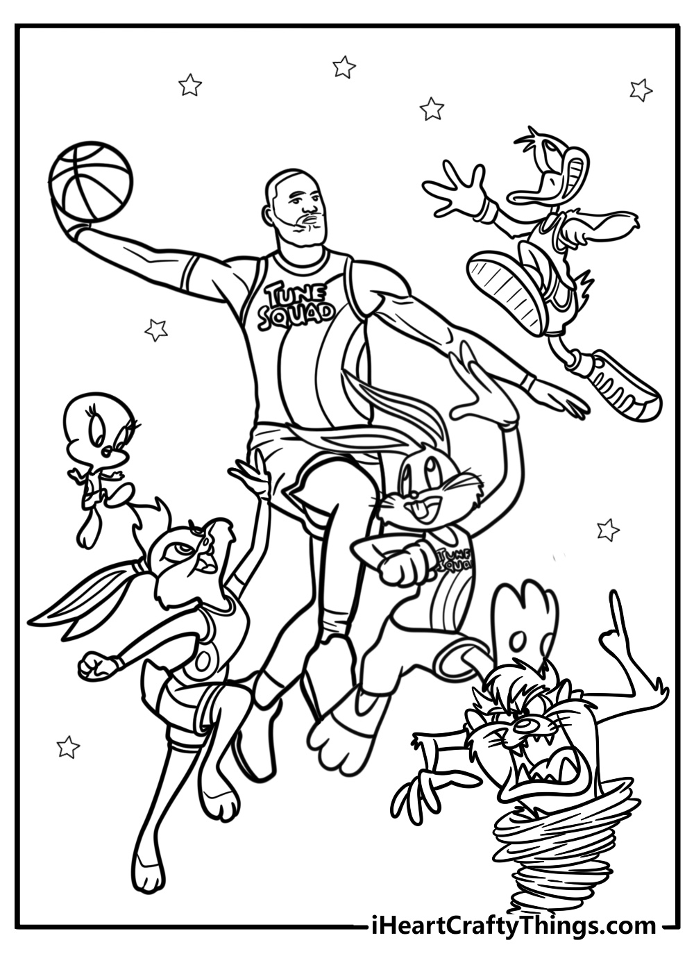 Lebron James leading the tune squad free coloring page pdf