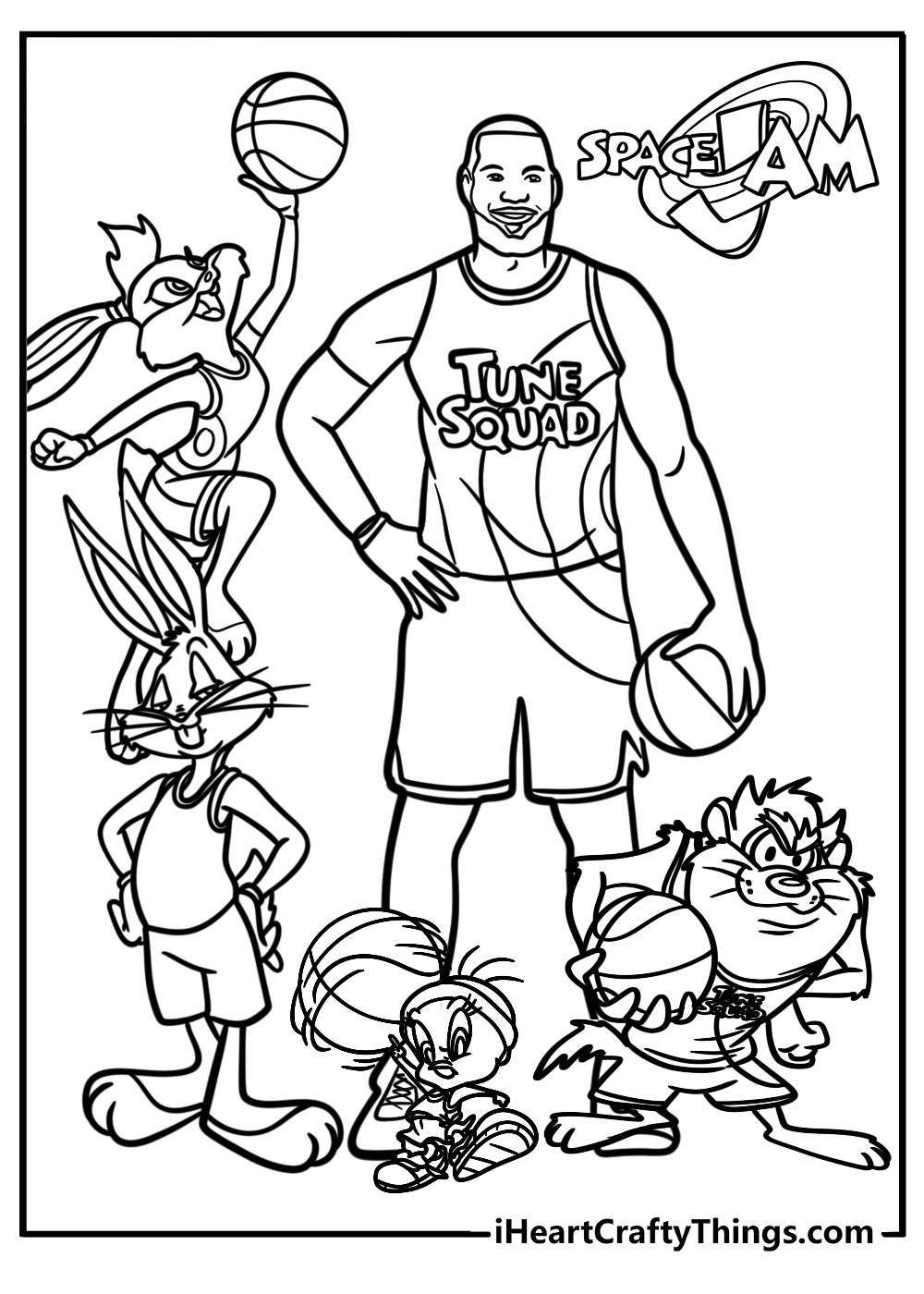 Lebron James with the tune squad free coloring page pdf