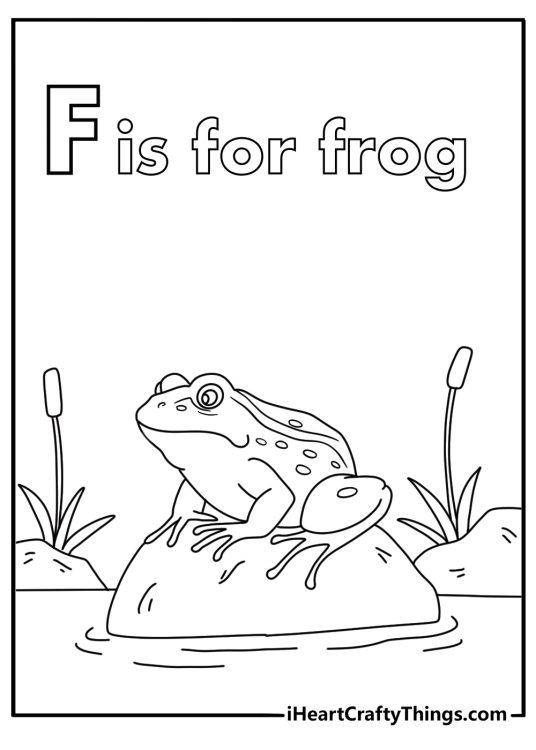 letter f frog coloring page with pond reeds and rocks