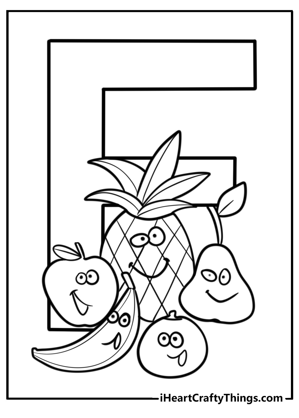 Letter f with fruits free coloring page pdf