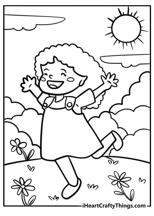 Little black girl playing in the garden printable coloring page