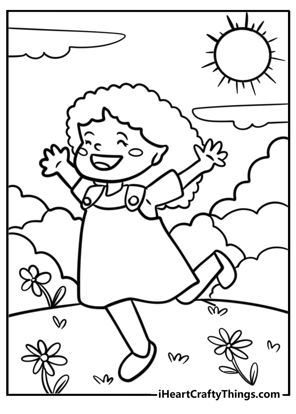 Little black girl playing in the garden printable coloring page