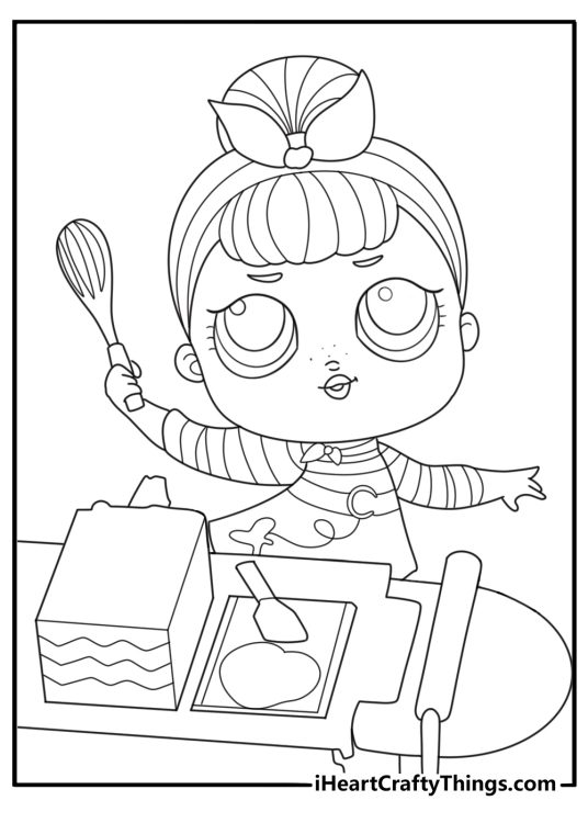 lol doll baking apron and whisk kitchen scene cute printable coloring page
