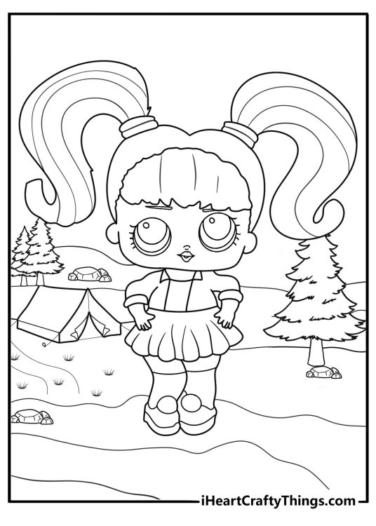 lol doll camping outfit next to a small tent printable coloring sheet