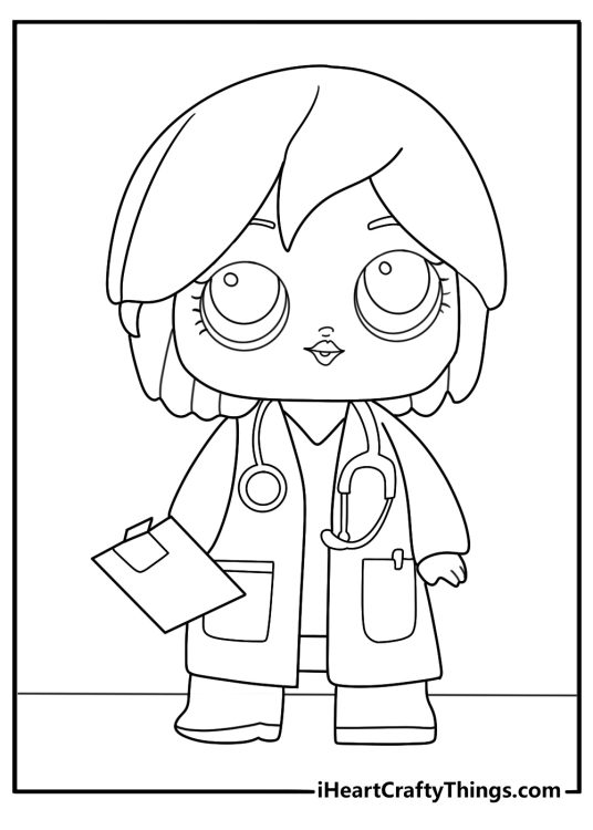 lol doll doctor coat holding a clipboard clinic room printable coloring page