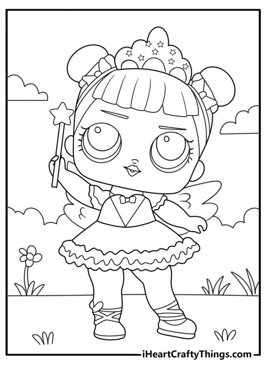 lol doll fairy wings and wand garden scene kawaii coloring sheet for kids