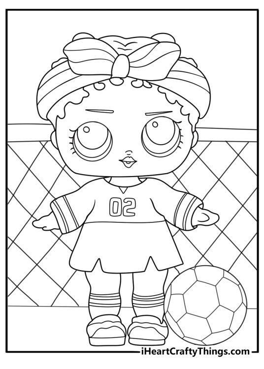 lol doll soccer uniform with goal net background printable coloring page