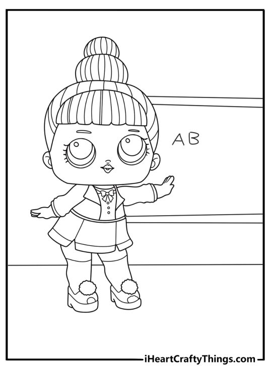 lol doll teacher outfit pointing at chalkboard simple coloring page for kids