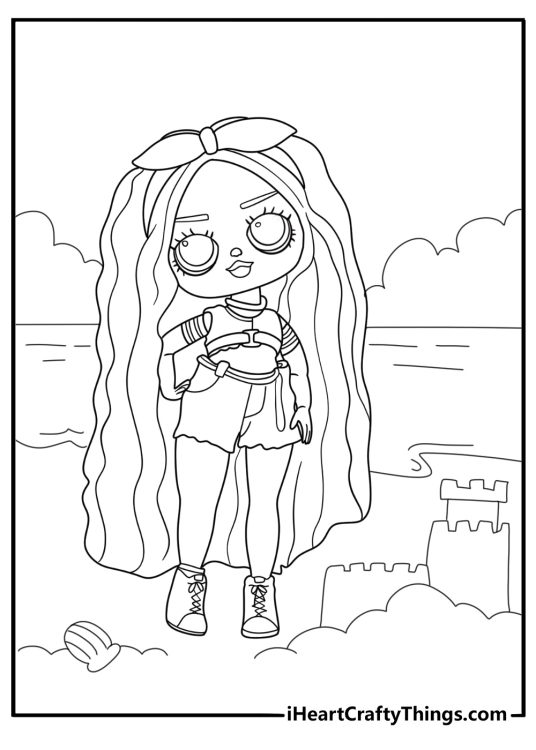 lol surprise doll at the beach near a sandcastle easy coloring sheet download