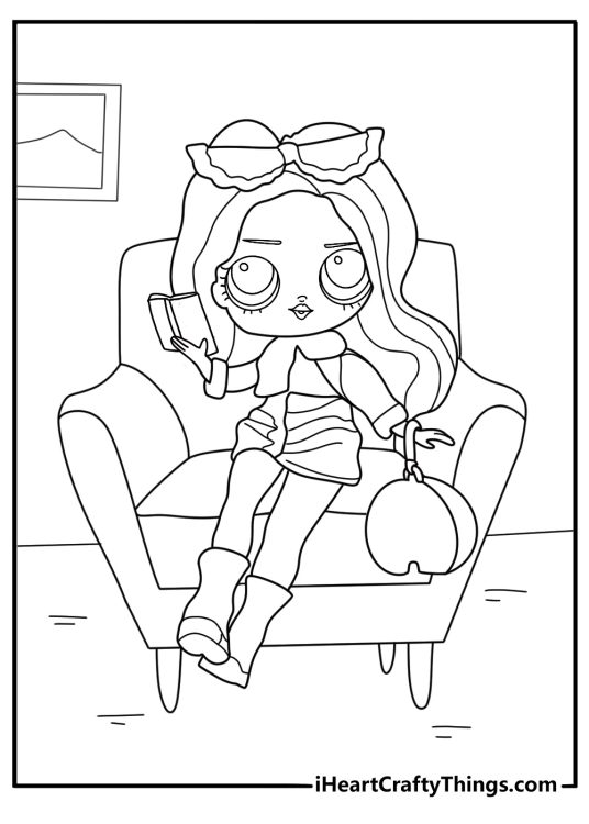 lol surprise doll reading a book in a cozy chair simple coloring sheet for kids