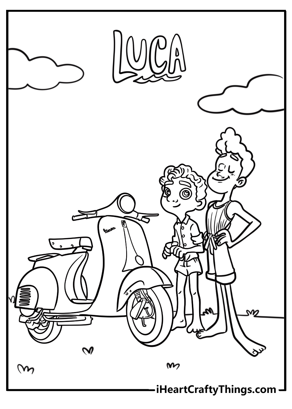 Luca and alberto standing by a vespa coloring page for kids