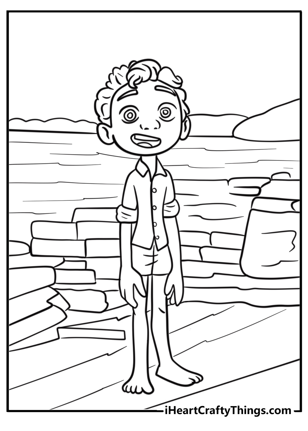 Luca in a sunny portorosso scene free coloring page pdf