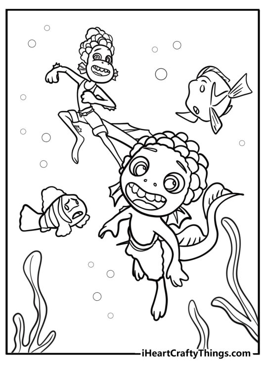 Luca in his sea monster form with ocean creatures printable page