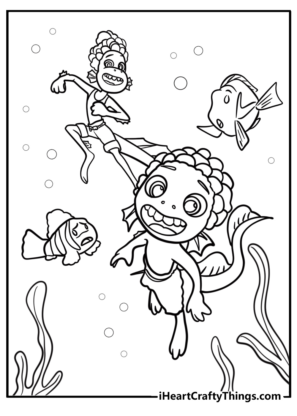 Luca in his sea monster form with ocean creatures printable page