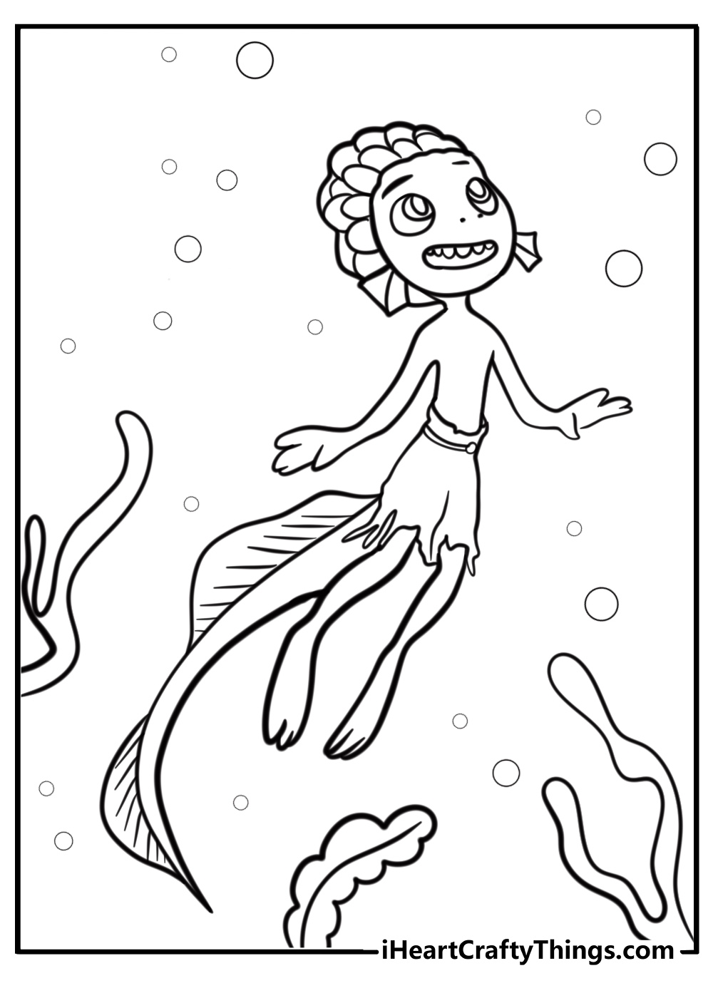 Luca smiling in his sea monster form coloring page for kids