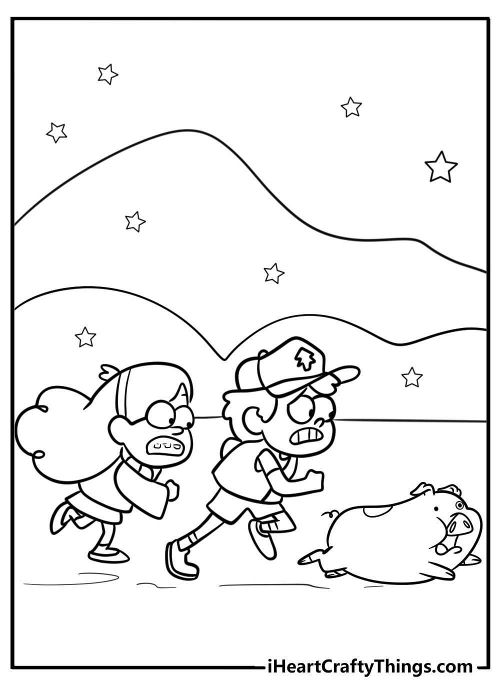 Mabel and dipper chasing waddles free coloring page pdf