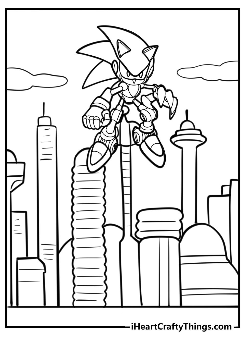 Metal sonic flying over a futuristic city detailed coloring sheet