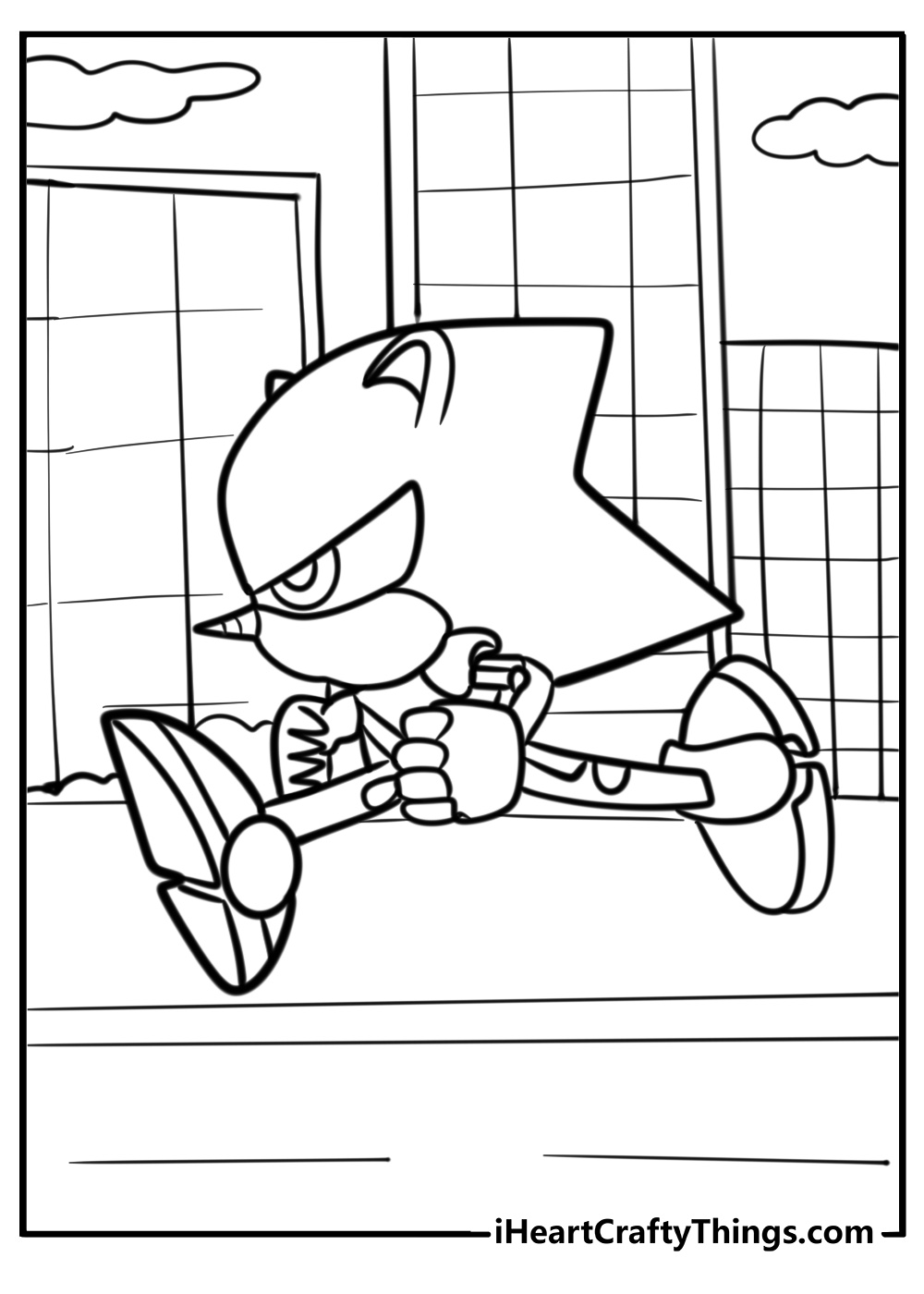 Metal sonic running across a cityscape detailed coloring sheet