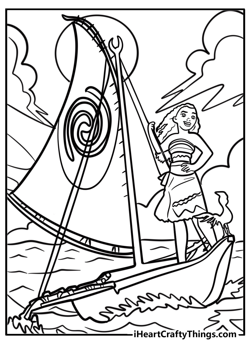 Moana sailing her boat disney coloring page for kids