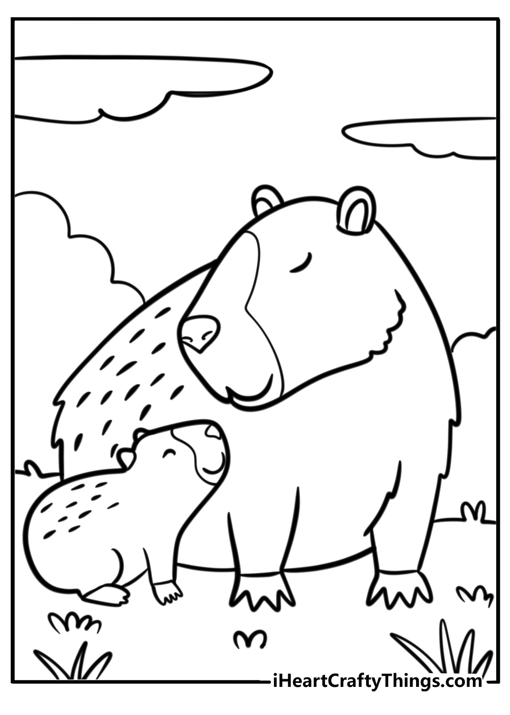 Mother capybara with her babies coloring page