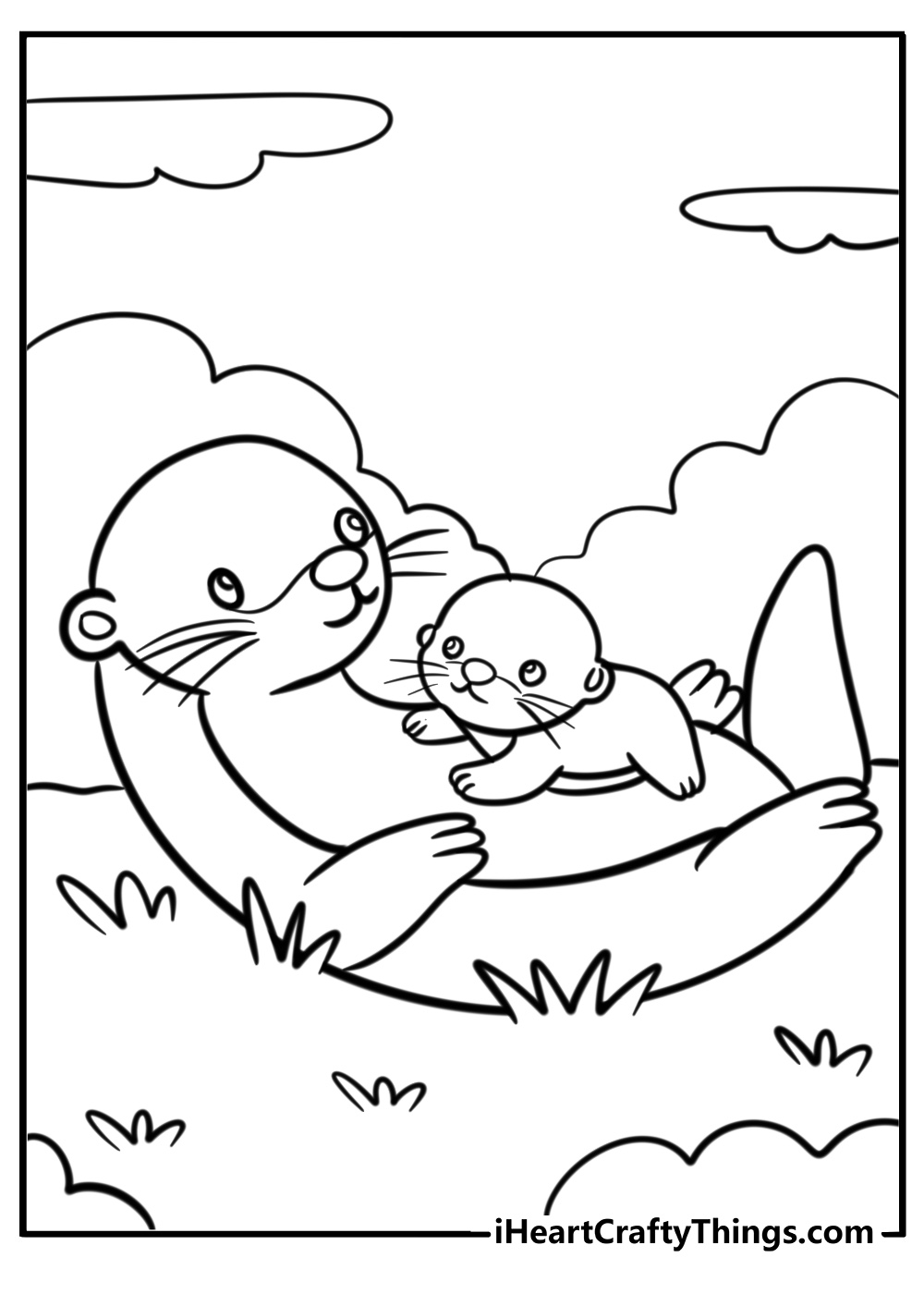 Mother otter with baby on her belly coloring page