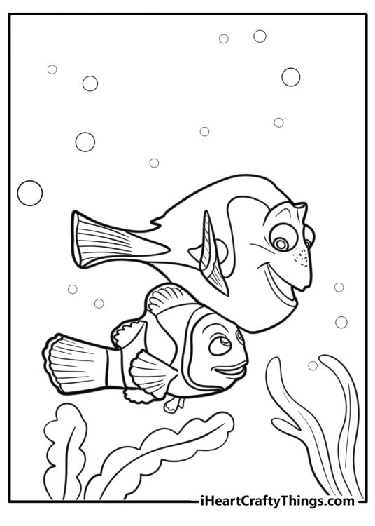 Nemo and dory swimming in the ocean coloring page