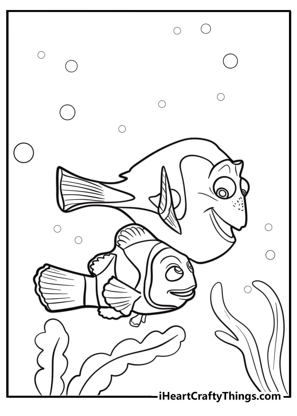 Nemo and dory swimming in the ocean coloring page