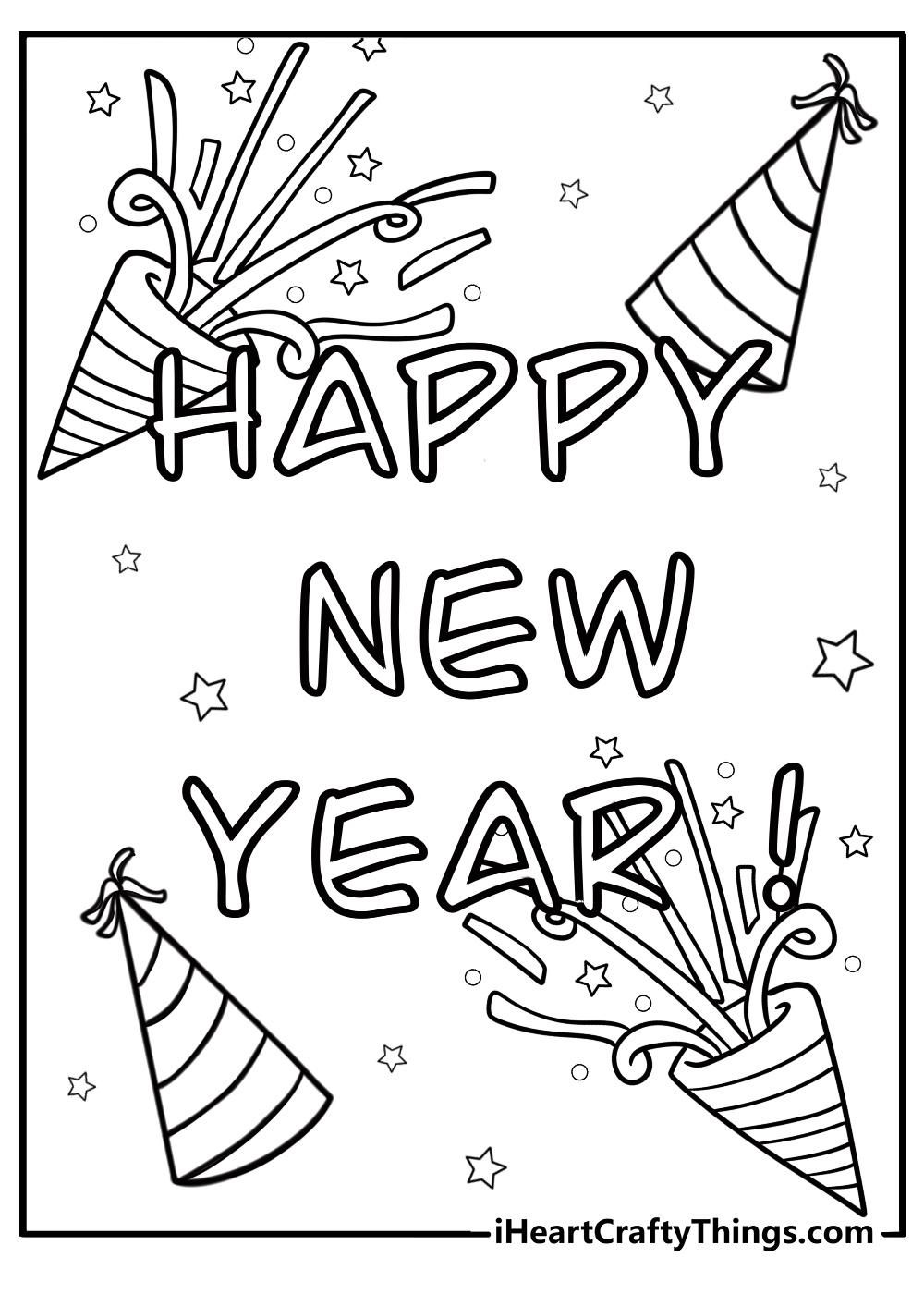 New year celebration with party hats free printable coloring page