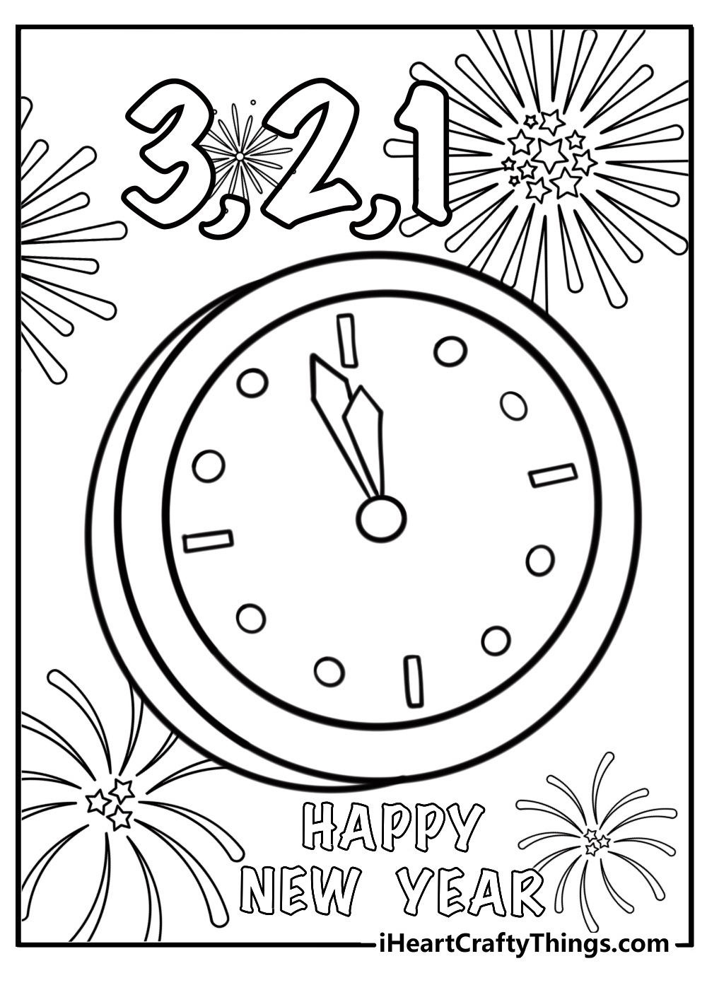 New year countdown clock and fireworks free coloring page pdf