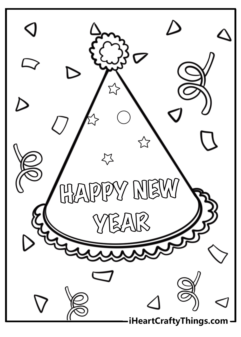 New year party hats and confetti free coloring page pdf